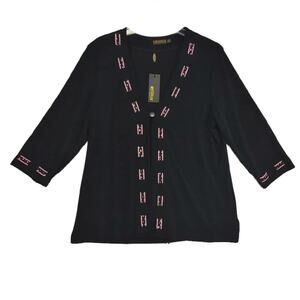 NWT Picadilly Women's L Black Pink Ribbon Trim 1-Button Cardigan Top Made Canada